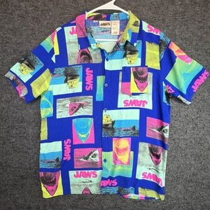 JAWS Movie Button Down Shirt Mens Small Royal Blue All Over Graphic Print Rayon